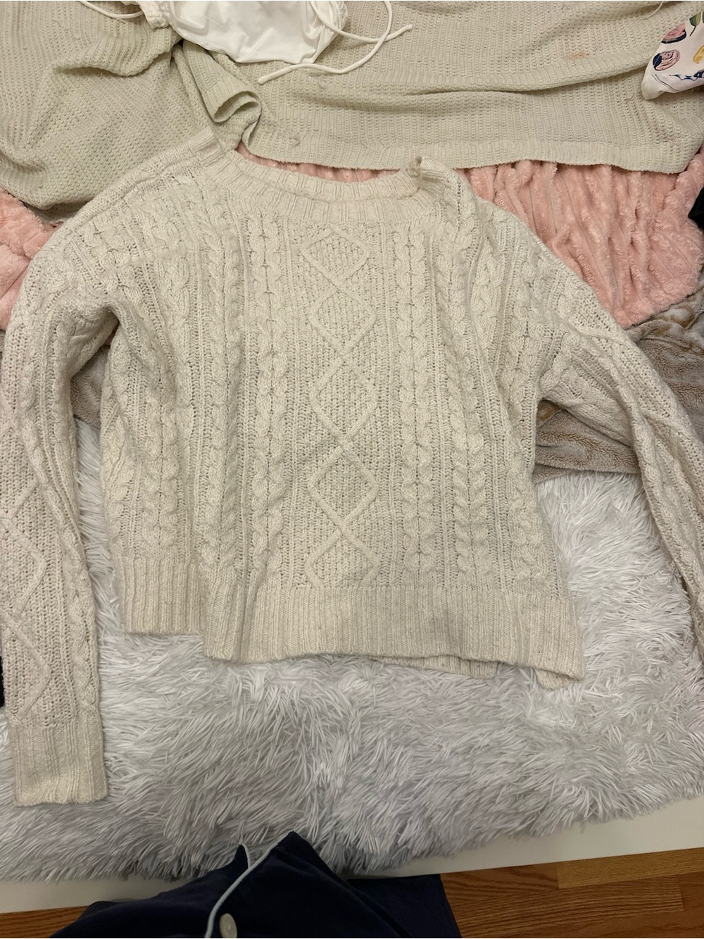 American Eagle Outfitters Cream Cable Knit Crewneck Sweater